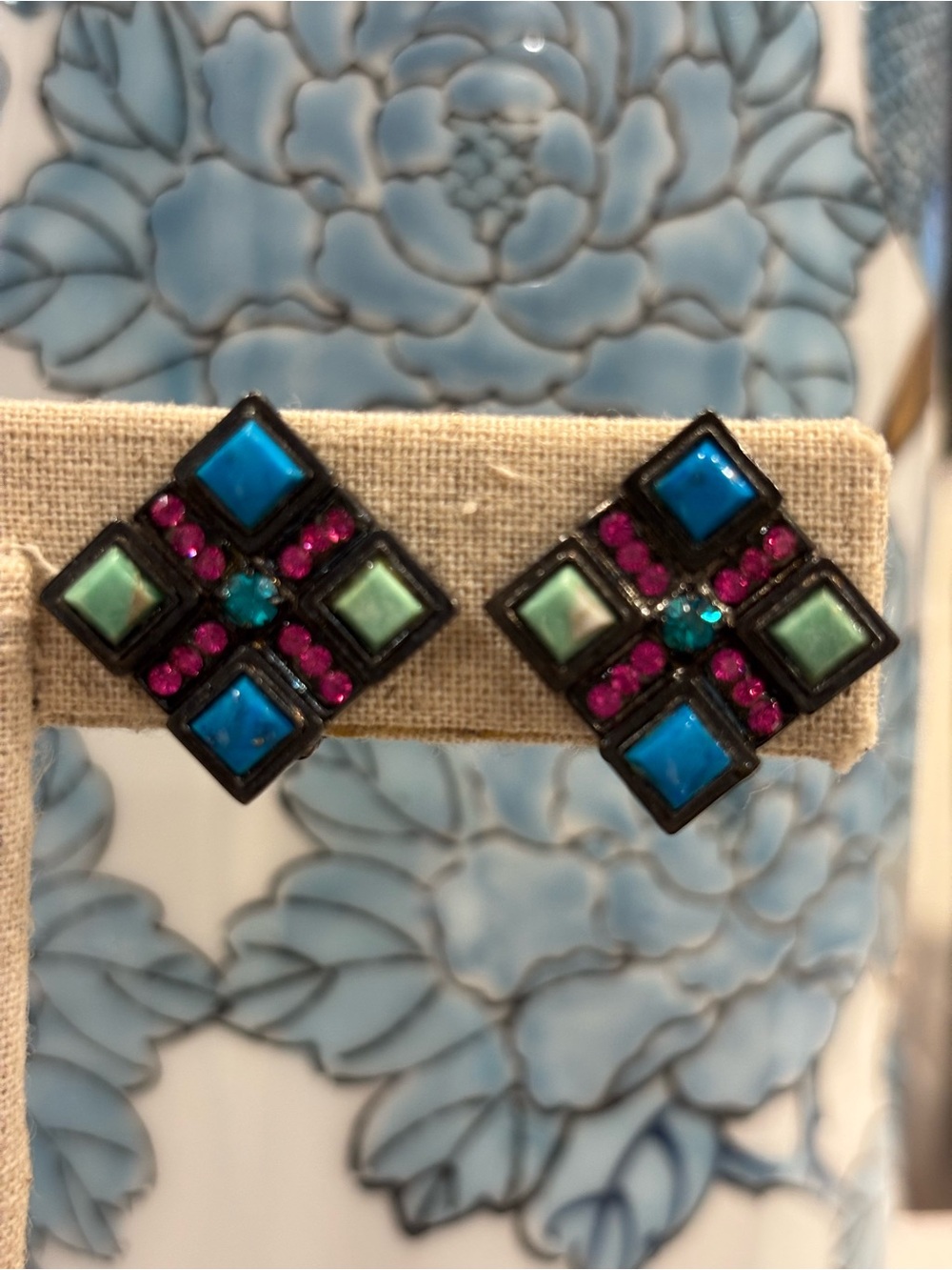 Colorful Tile-Style Stud Clip On Earrings - Blue, Green & Pink